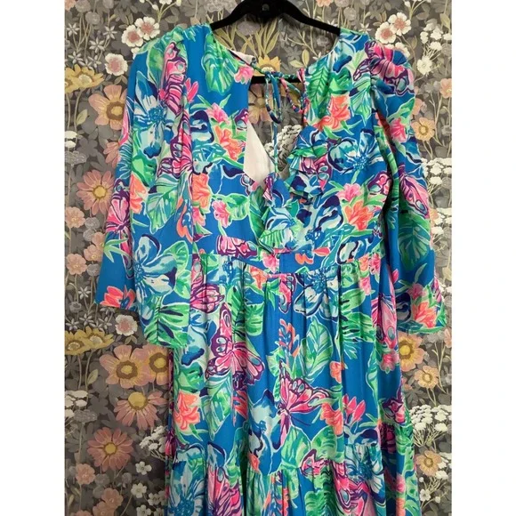 Lilly Pulitzer Rease Maxi Dress Butterfly Floral Print V Neck Tie Back Size 8 - Picture 9 of 12